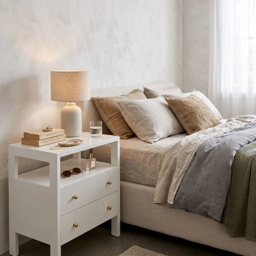 Sun Republic White Kingscliff bedside table in a styled modern bedroom