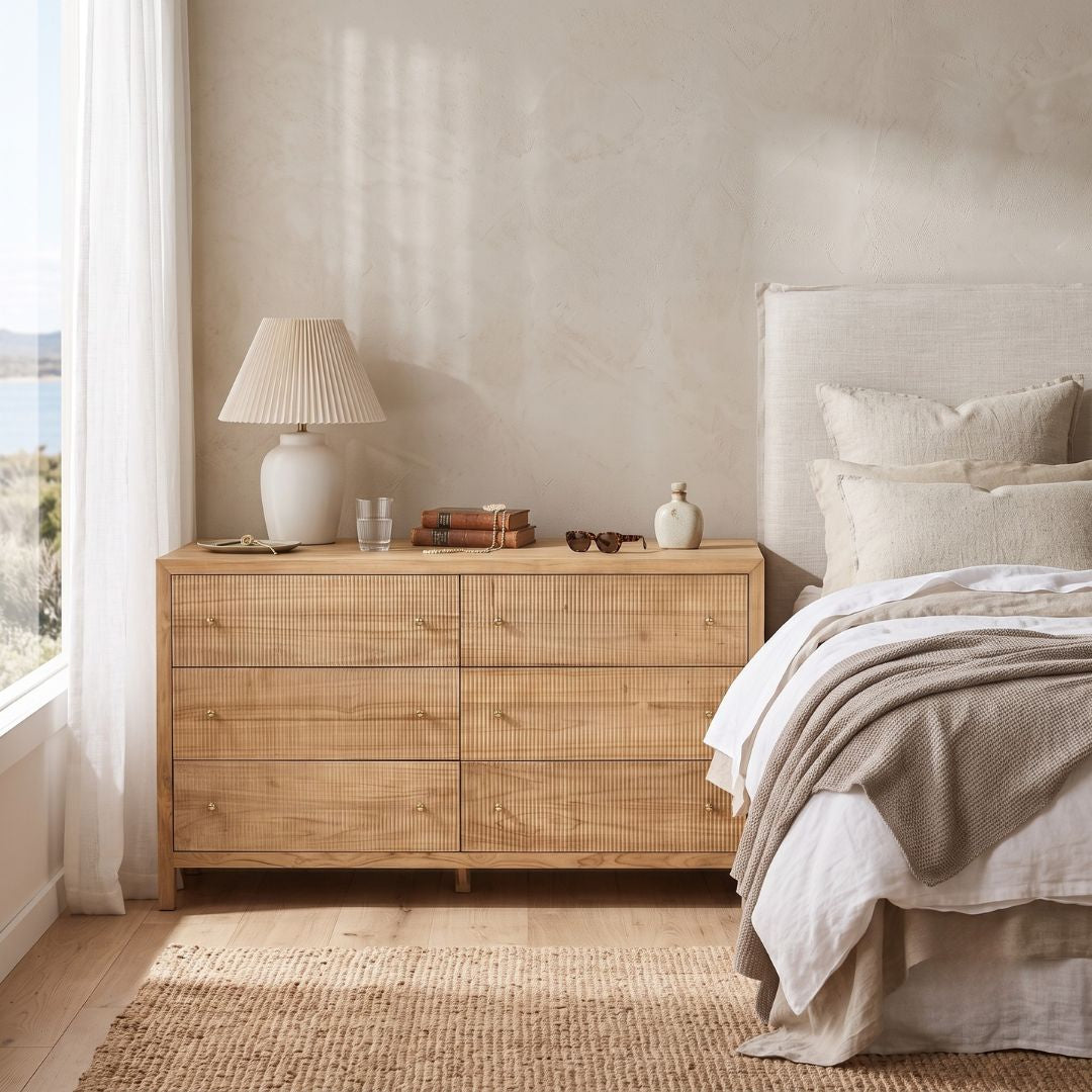 Sun Republic Kingscliff natural teak chest of drawers styled in a modern bedroom setting
