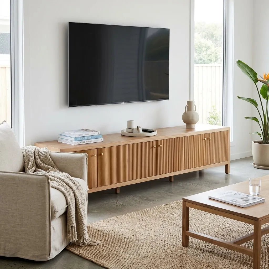 A mid-century modern wooden media console with cabinet doors and small round knobs, styled in a bright living room under a wall-mounted flat-screen TV.