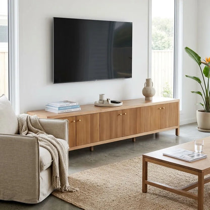 A mid-century modern wooden media console with cabinet doors and small round knobs, styled in a bright living room under a wall-mounted flat-screen TV.