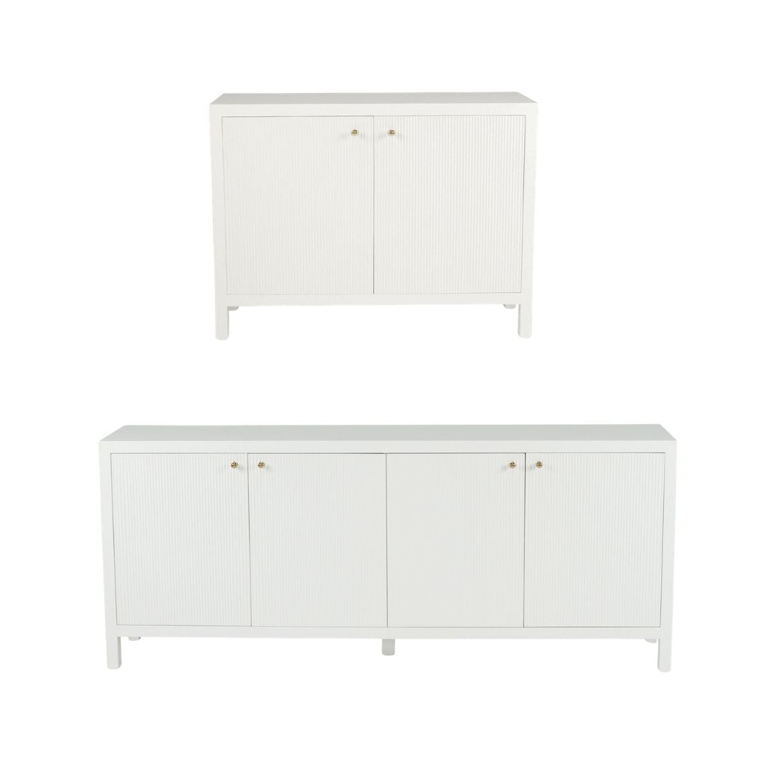 Two white sideboards with gold handles on a white background