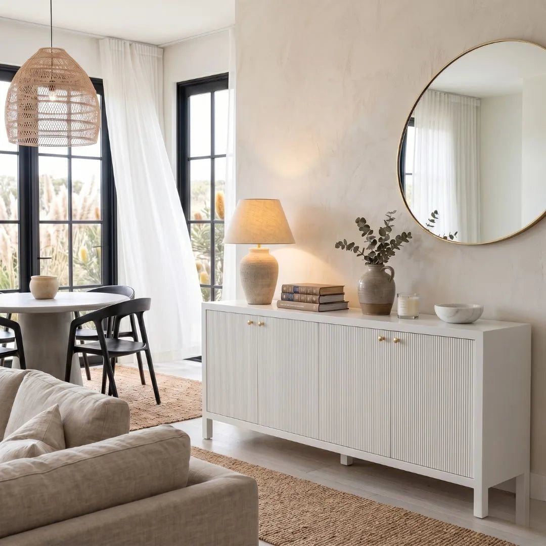 Modern living room with a white sideboard, round mirror, and decorative items.