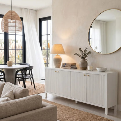 Modern living room with a white sideboard, round mirror, and decorative items.