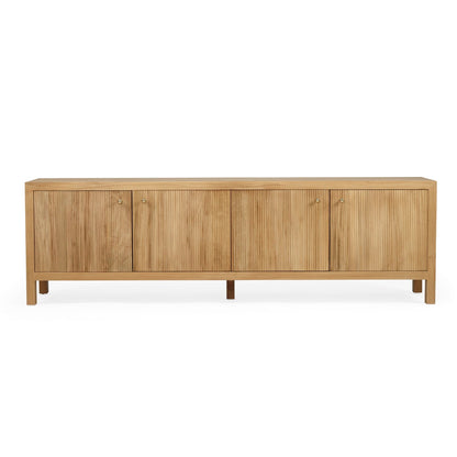 A modern light oak wood sideboard or credenza with four paneled doors and tapered legs, shown from a front-facing perspective on a solid white background.