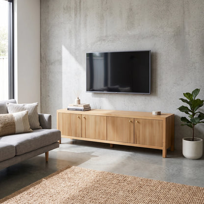 A light natural wood media console with vertical slat doors and small brass knobs, styled in a modern living room setting with a gray concrete wall, a mounted flat-screen TV, a gray sofa, and a potted plant.