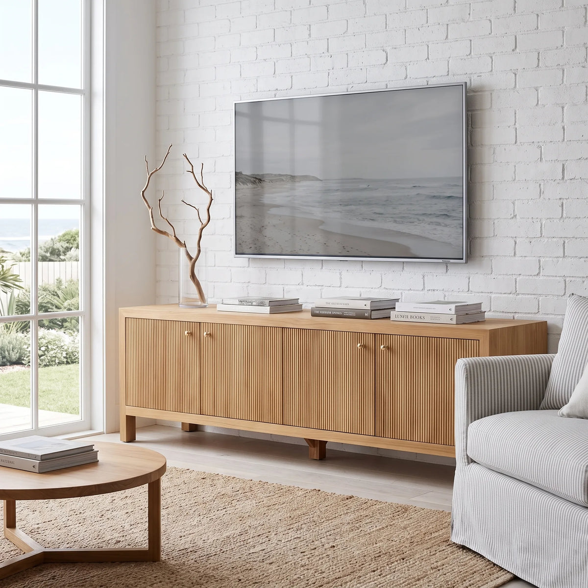 A light natural wood sideboard cabinet with vertical slat doors and small round knobs, styled in a bright living room with a TV on top, books, a decorative branch, a window, and part of a sofa visible.