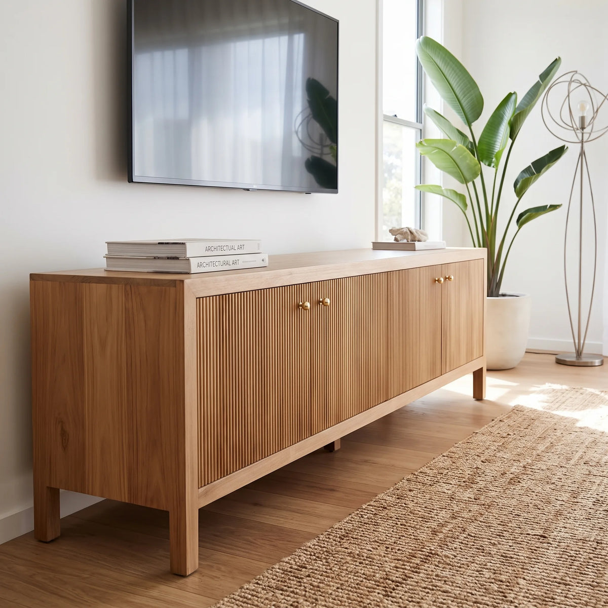 A light oak wood sideboard cabinet with vertical fluted doors and small gold knobs, styled in a bright living room next to a window with a potted plant and a TV mounted on the wall.
