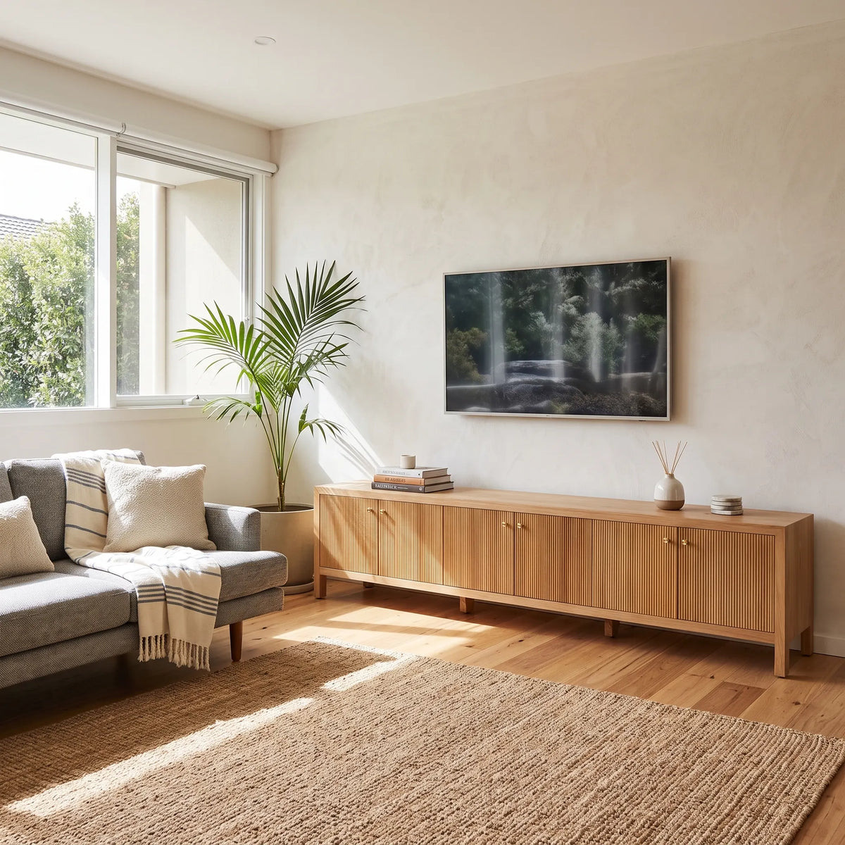A modern living room scene featuring a light natural wood sideboard console with a mounted flat-screen TV, styled with a gray sofa, a potted palm, and a large woven jute rug on a wooden floor.