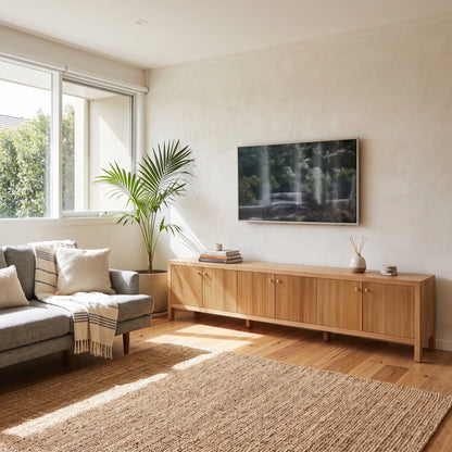 A modern living room scene featuring a light natural wood sideboard console with a mounted flat-screen TV, styled with a gray sofa, a potted palm, and a large woven jute rug on a wooden floor.