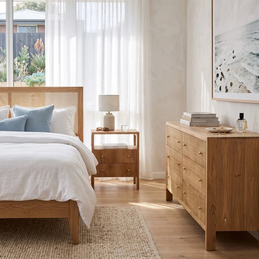 Natural teak bedside table in a modern bedroom setting
