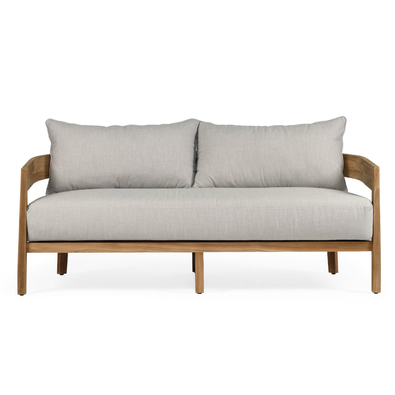Sofa with wooden frame and light gray cushions on a white background