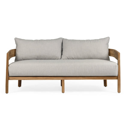 Sofa with wooden frame and light gray cushions on a white background