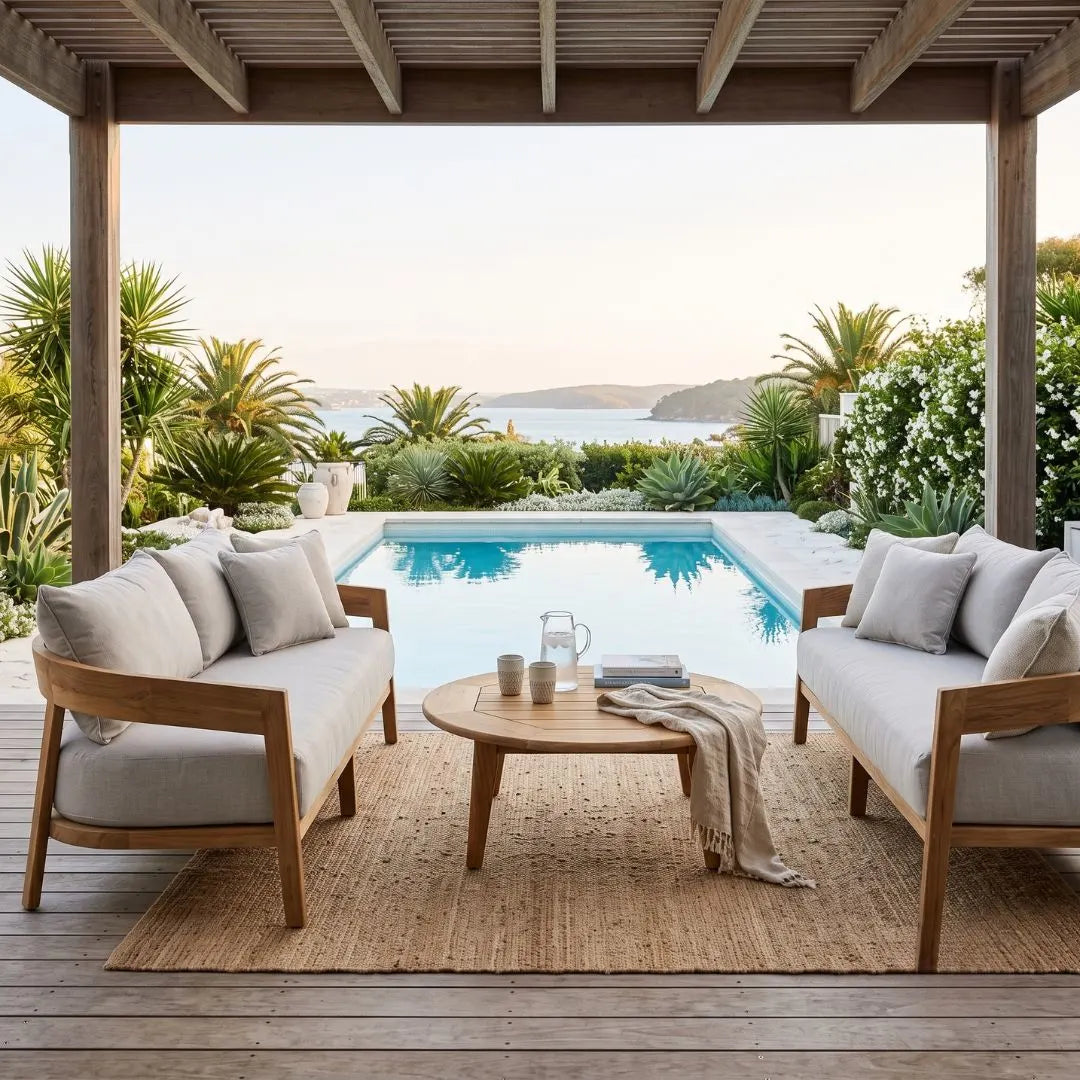 Outdoor patio with wooden furniture and a pool view