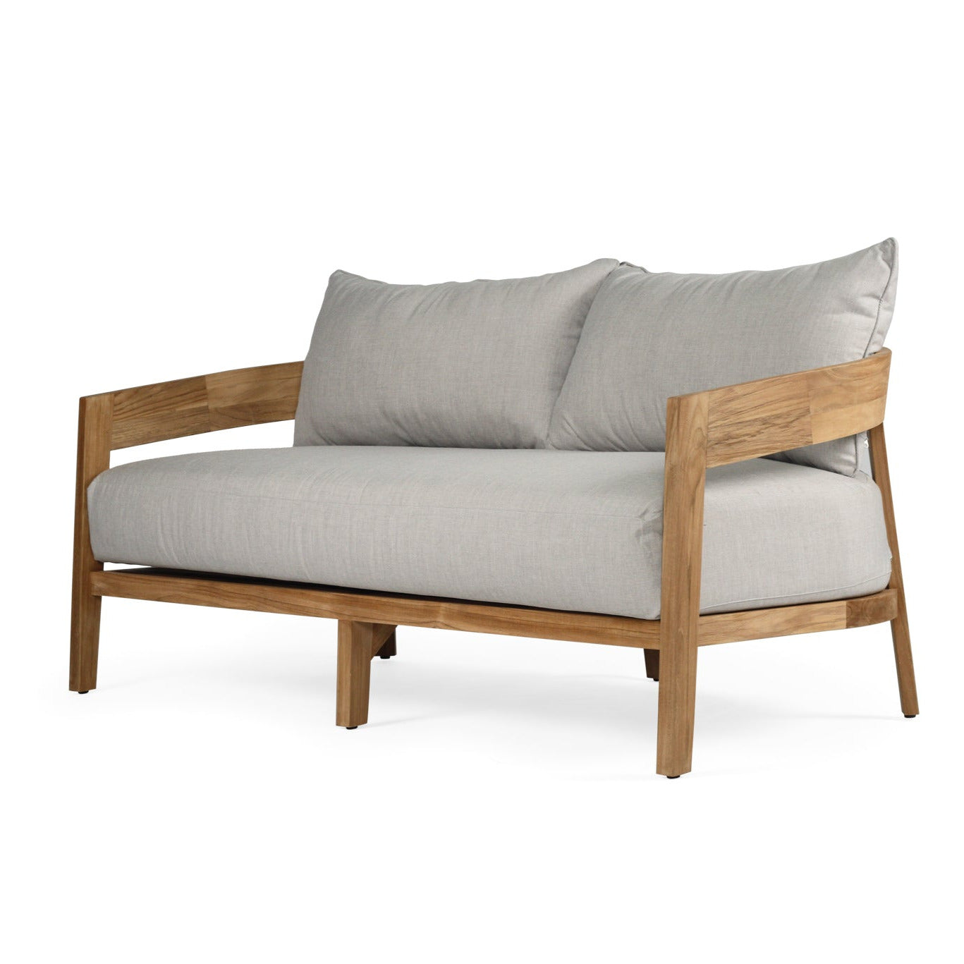 Light gray cushioned sofa with wooden frame on a white background