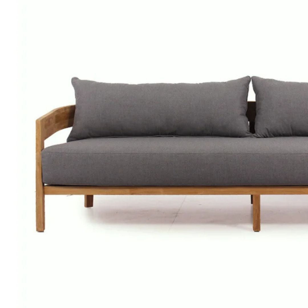Gray sofa with wooden frame on a white background