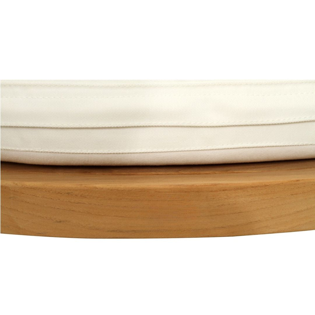 Close-up of a wooden stool with a white cushion on a white background