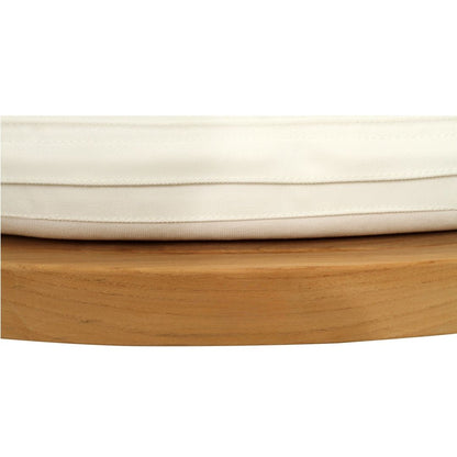 Close-up of a wooden stool with a white cushion on a white background