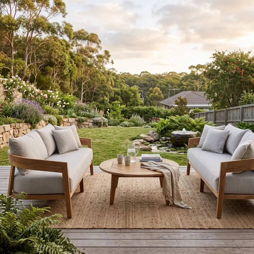 Outdoor patio with wooden furniture, table, and cushions in a garden setting.