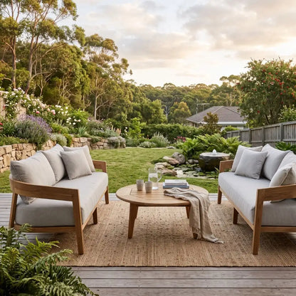 Outdoor patio with wooden furniture, table, and cushions in a garden setting.