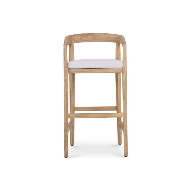 Wooden bar stool with a white cushion on a white background
