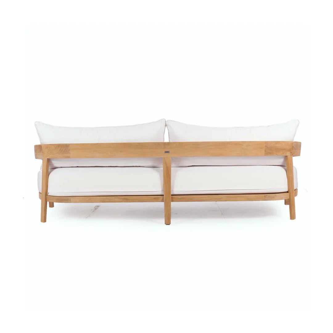 Wooden outdoor sofa with white cushions on a white background