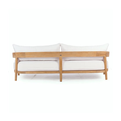 Wooden outdoor sofa with white cushions on a white background