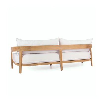 Wooden sofa with white cushions on a white background