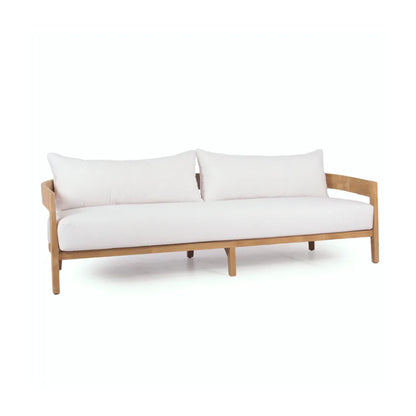 Sofa with white cushions and wooden frame on a white background