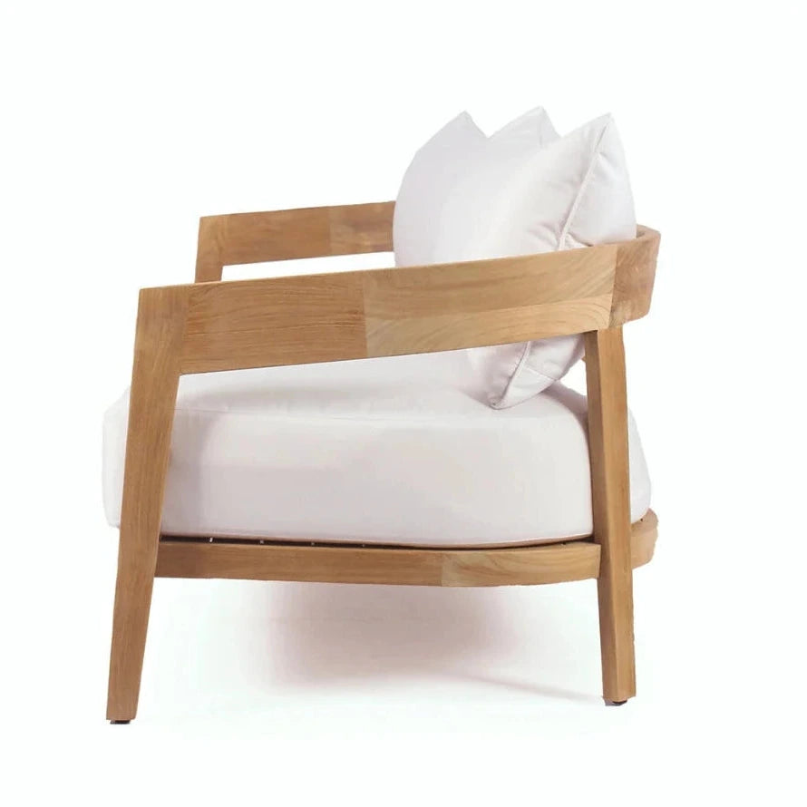 Teak Outdoor Sofa with white cushions on a white background