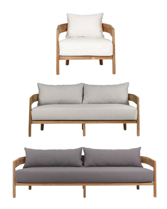 Set of outdoor furniture including a chair and two sofas with cushions on a white background