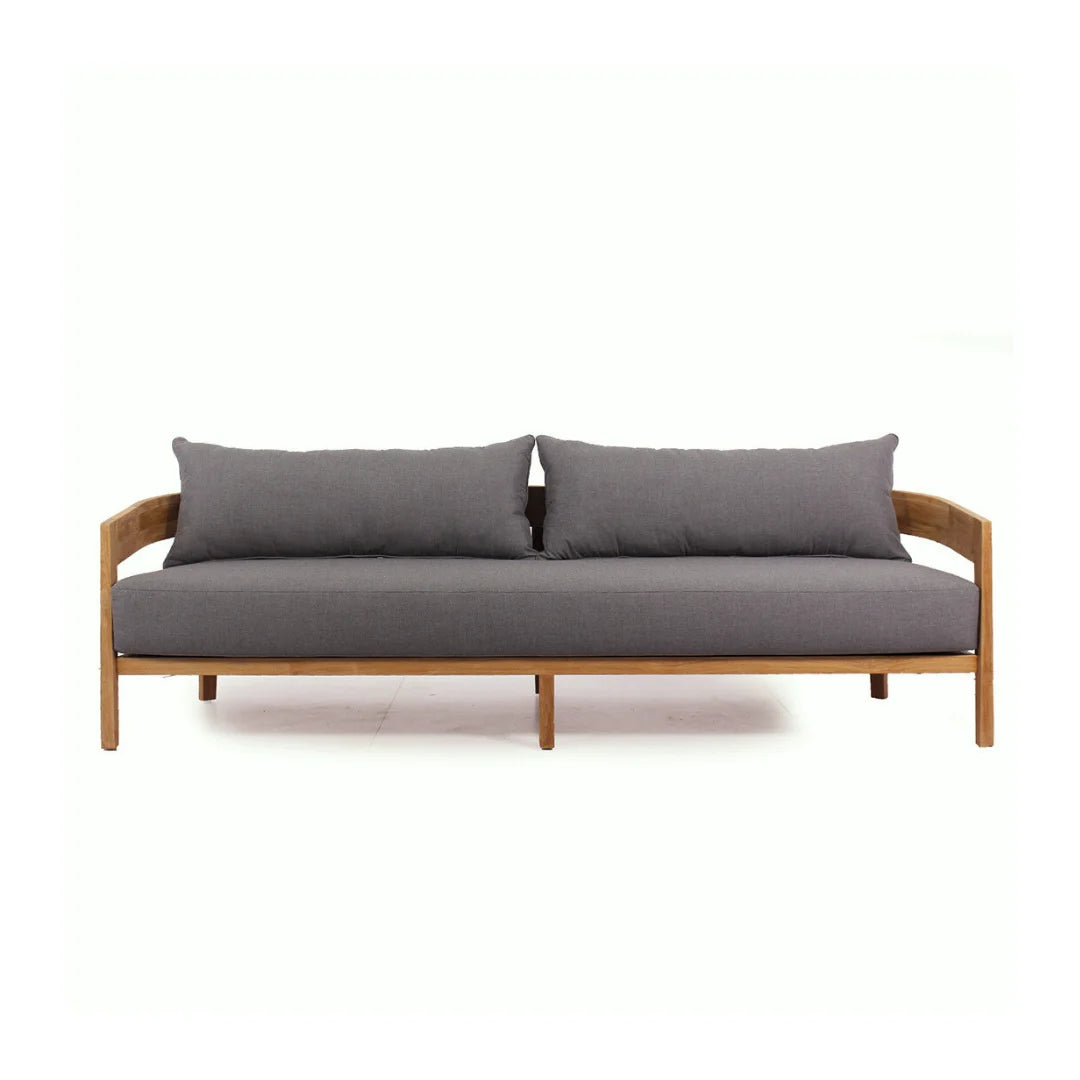 Sofa with wooden frame and gray cushions on a white background