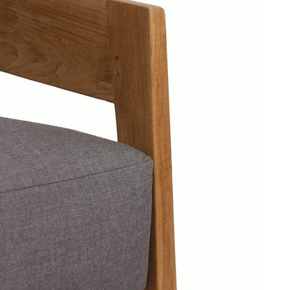 Gray cushioned chair with wooden armrest on a white background