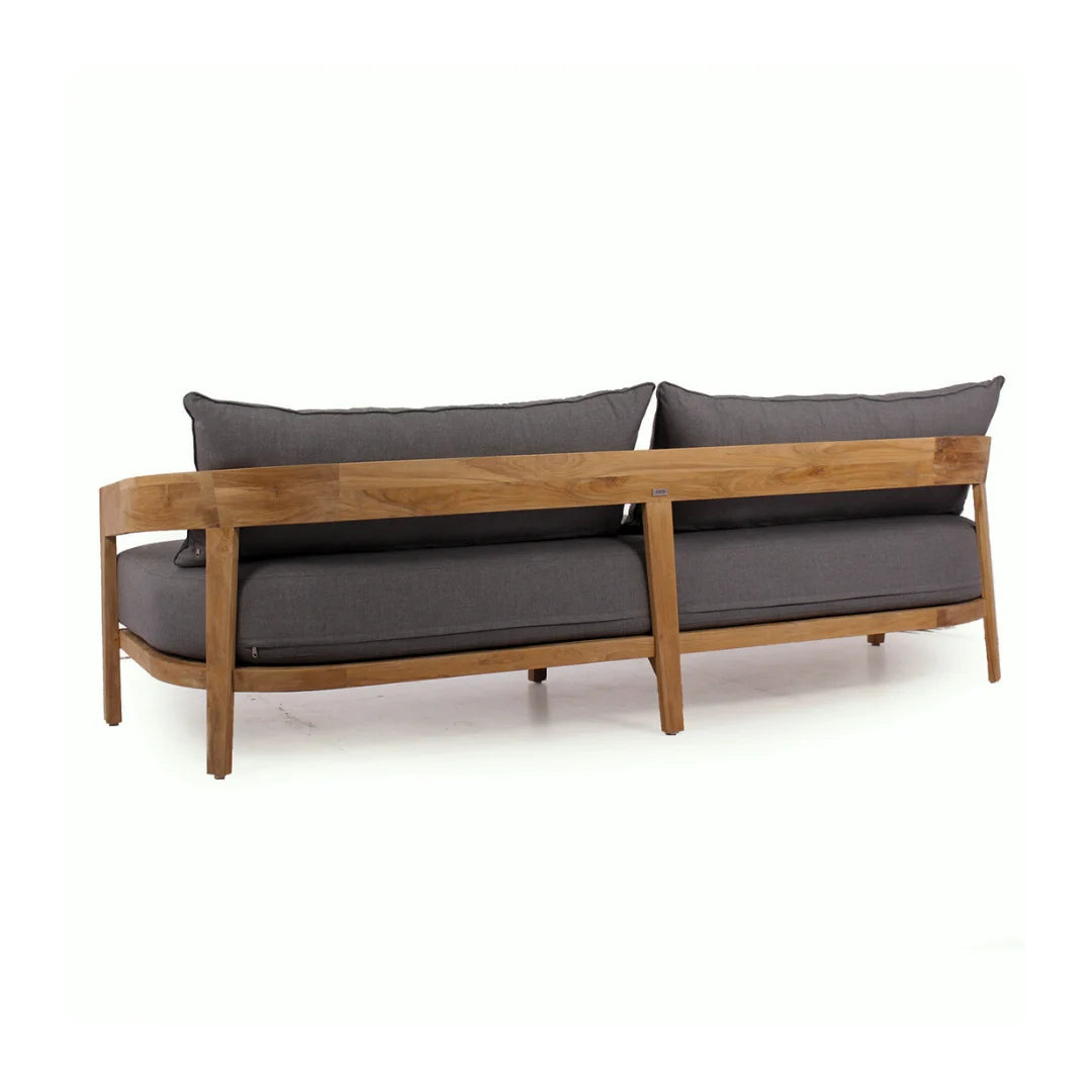 Wooden outdoor sofa with gray cushions on a white background