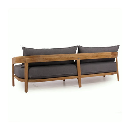 Wooden outdoor sofa with gray cushions on a white background