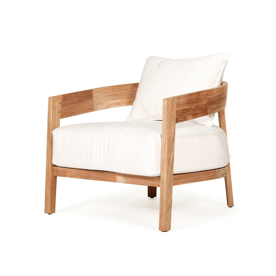 Teak outdoor armchair with white cushions on a white background