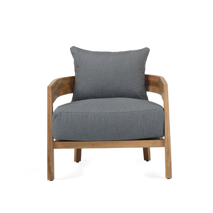 Outdoor Chair with grey cushion and Teak frame on a white background