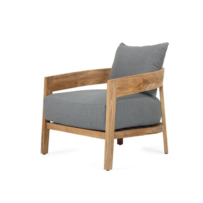 Outdoor Chair with grey cushion and Teak frame on a white background