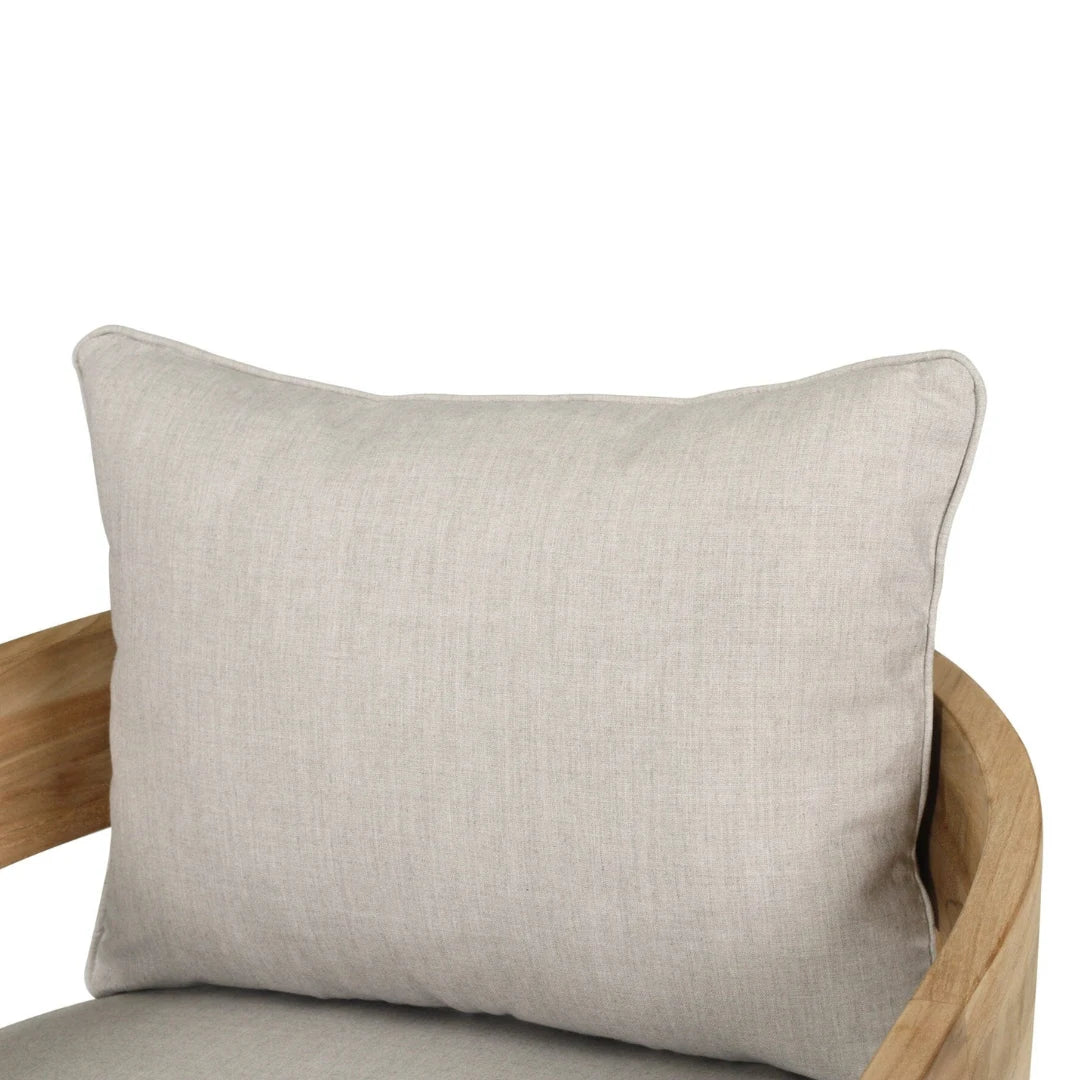 Outdoor teak armchair Chair with light grey cushion on a white 