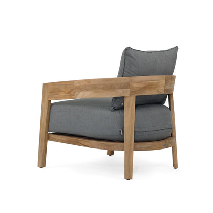 Outdoor Chair with grey cushion and Teak frame on a white background