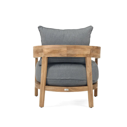 Outdoor Chair with grey cushion and Teak frame on a white background