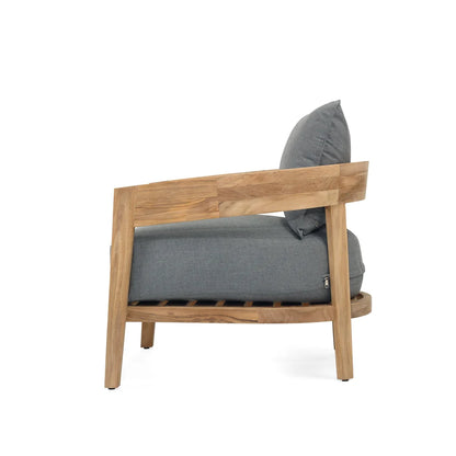 Outdoor Chair with grey cushion and Teak frame on a white background