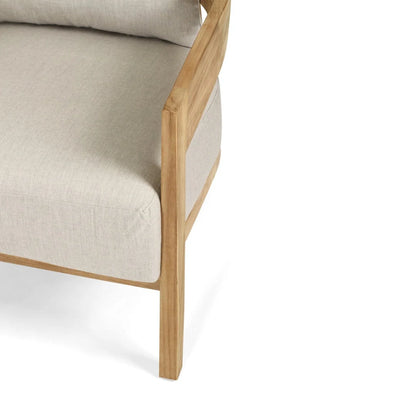 Outdoor teak armchair Chair with light grey cushion on a white 