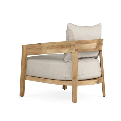 Outdoor teak armchair Chair with light grey cushion on a white 