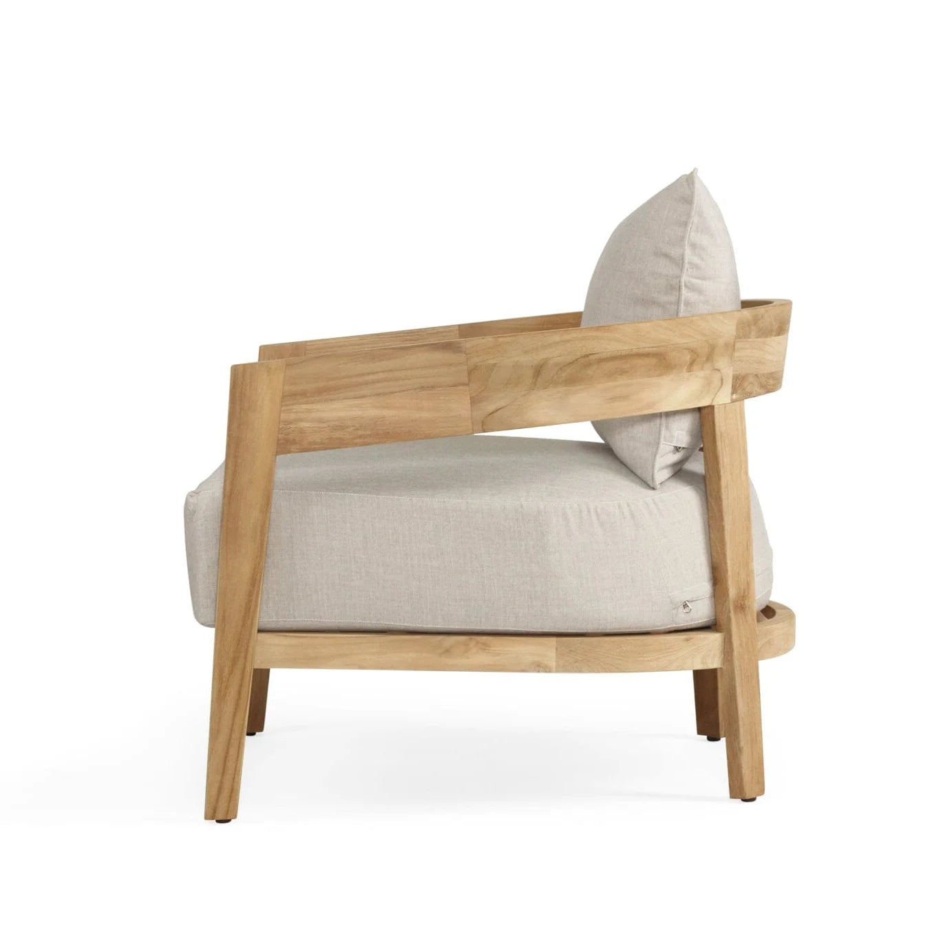 Outdoor teak armchair Chair with light grey cushion on a white 
