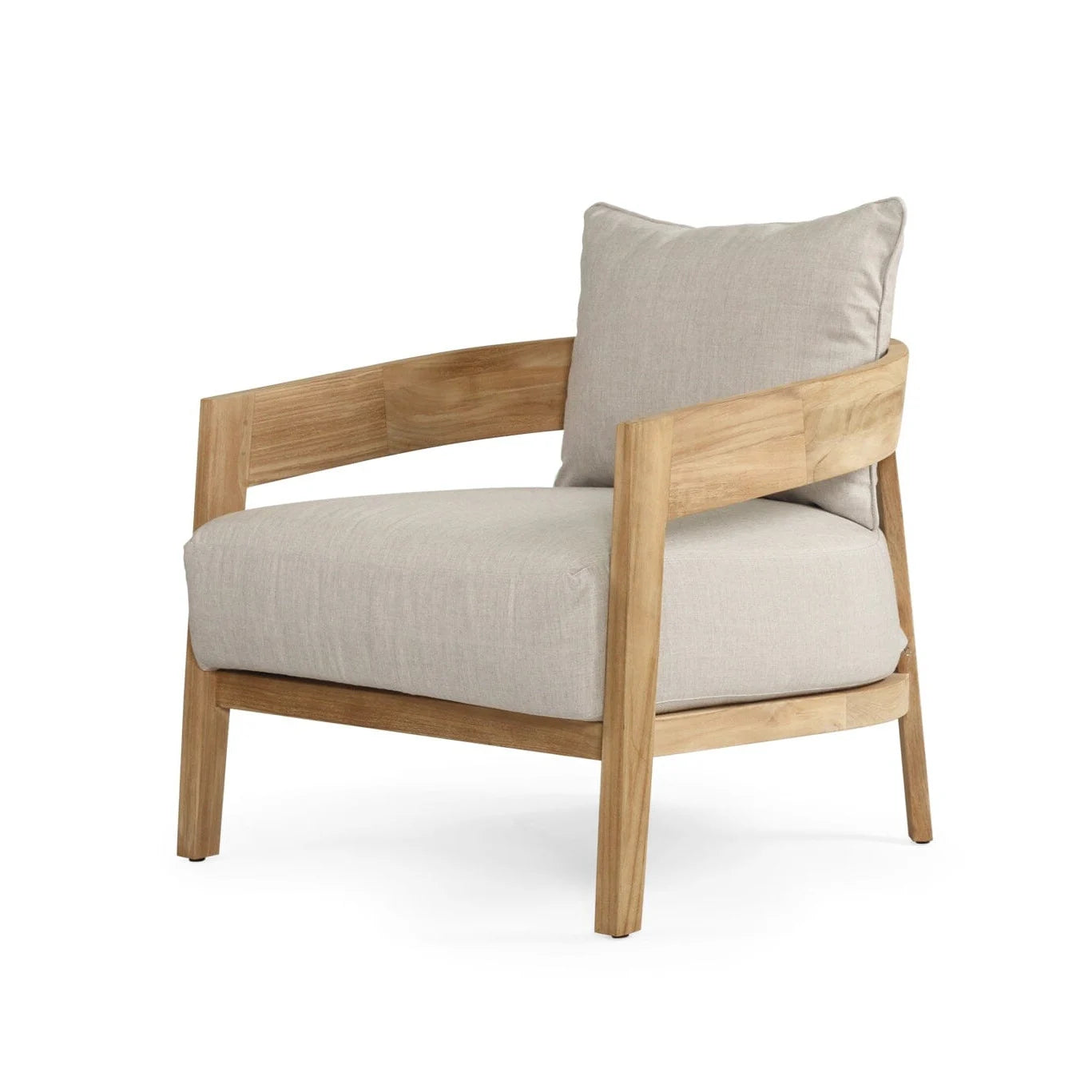 Outdoor teak armchair Chair with light grey cushion on a white 