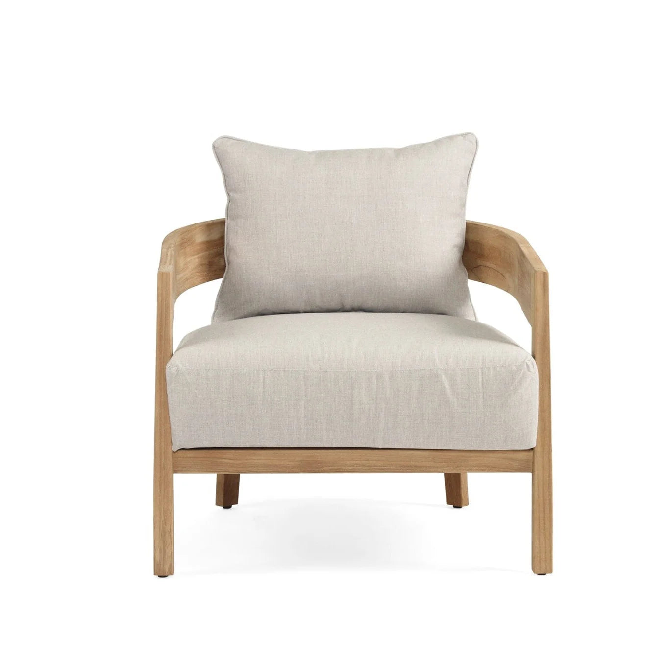 Outdoor teak armchair Chair with light grey cushion on a white background