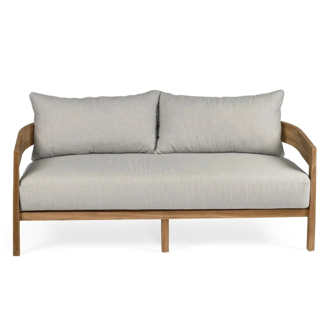 Sofa with wooden frame and light gray cushions on a white background