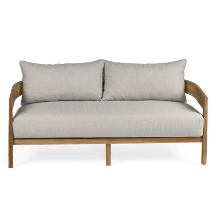 Sofa with wooden frame and light gray cushions on a white background