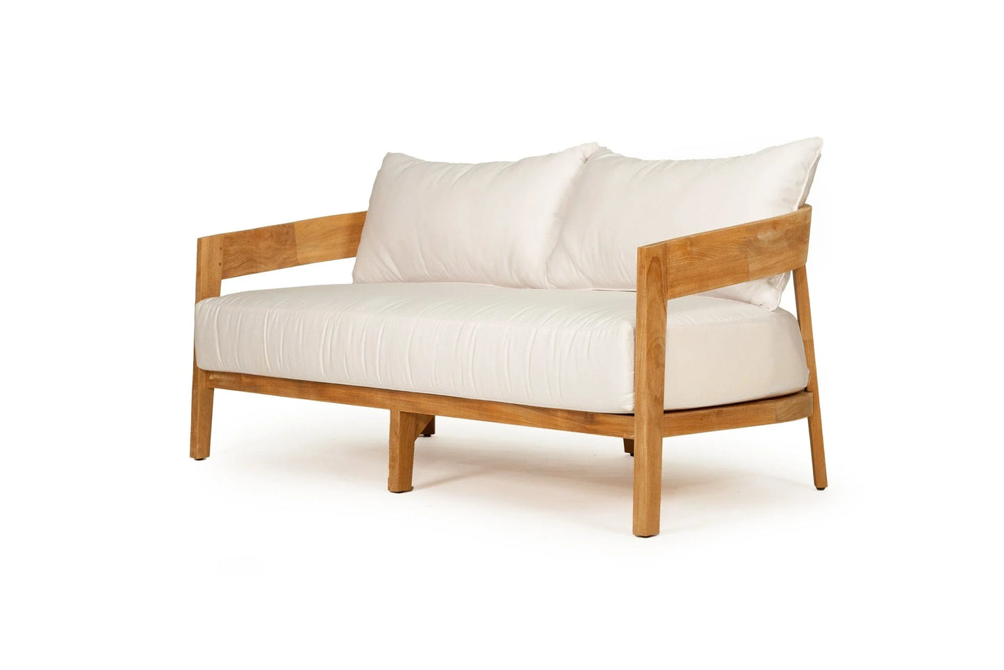 Wooden sofa with white cushions on a white background