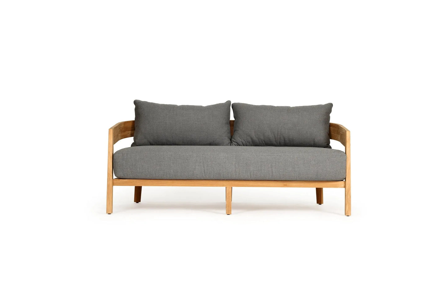 Gray sofa with wooden frame on a white background